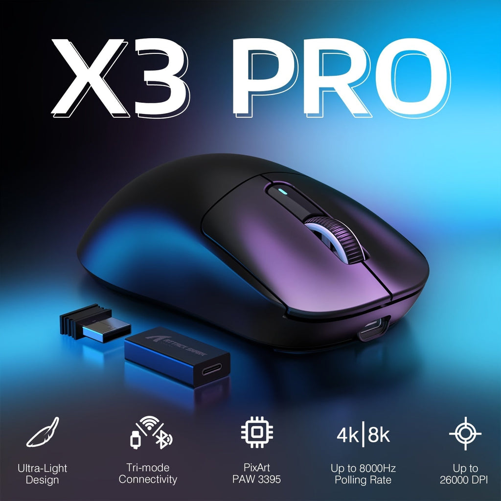 ATTACK SHARK X3PRO 4K/8K Lightweight Wireless Gaming Mouse with Tri-Mode (Wired/2.4GHz/BT), PAW3395 Optical Sensor, Up to 26K DPI, Kailh GM8.0 Switch, Long Battery, 7 Buttons for PC/Laptop/Win Lootquake LLC