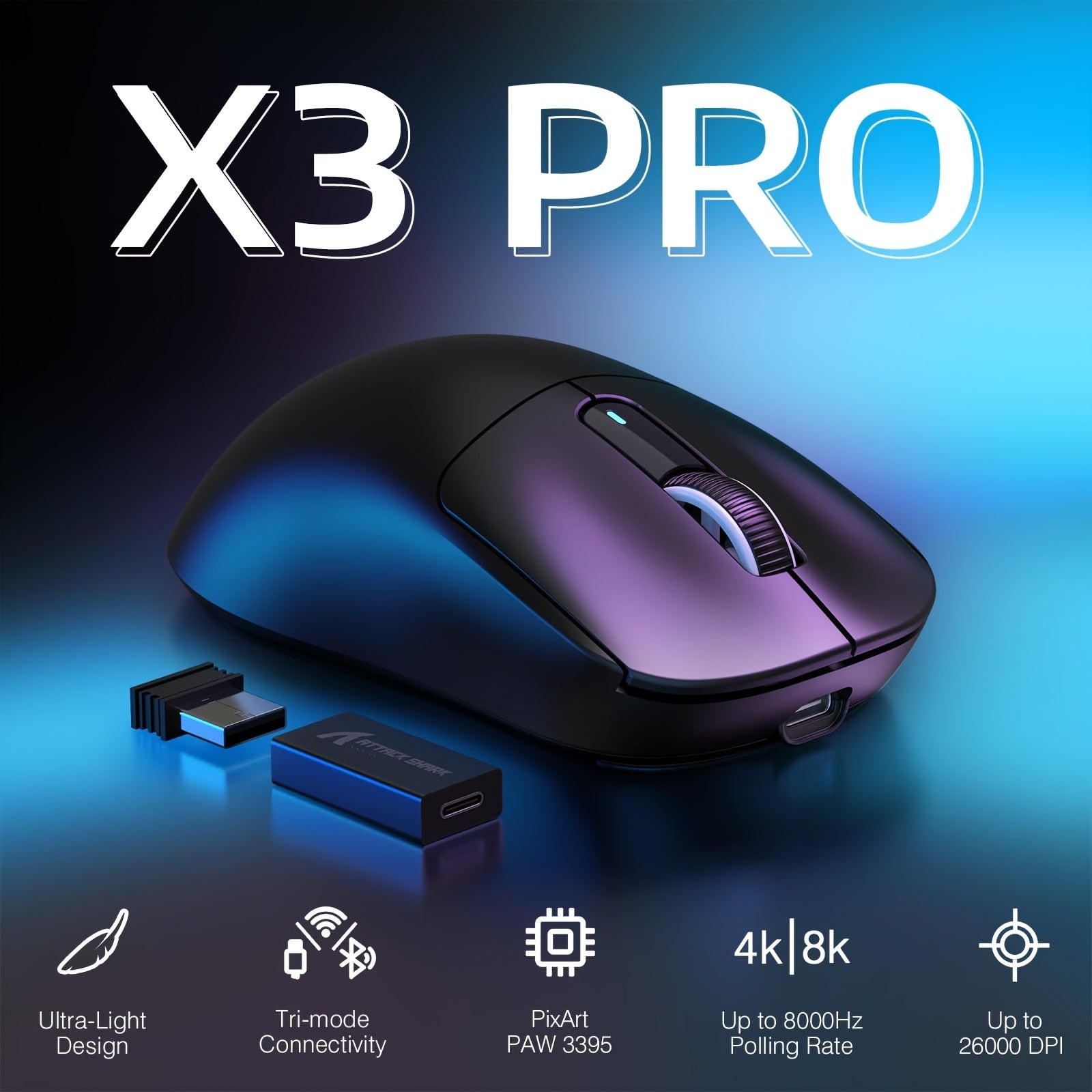 ATTACK SHARK X3PRO 4K/8K Lightweight Wireless Gaming Mouse with Tri-Mode (Wired/2.4GHz/BT), PAW3395 Optical Sensor, Up to 26K DPI, Kailh GM8.0 Switch, Long Battery, 7 Buttons for PC/Laptop/Win Lootquake LLC