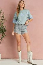 Aruba Blue Frayed Star Patched 4th of July Oversize T Shirt