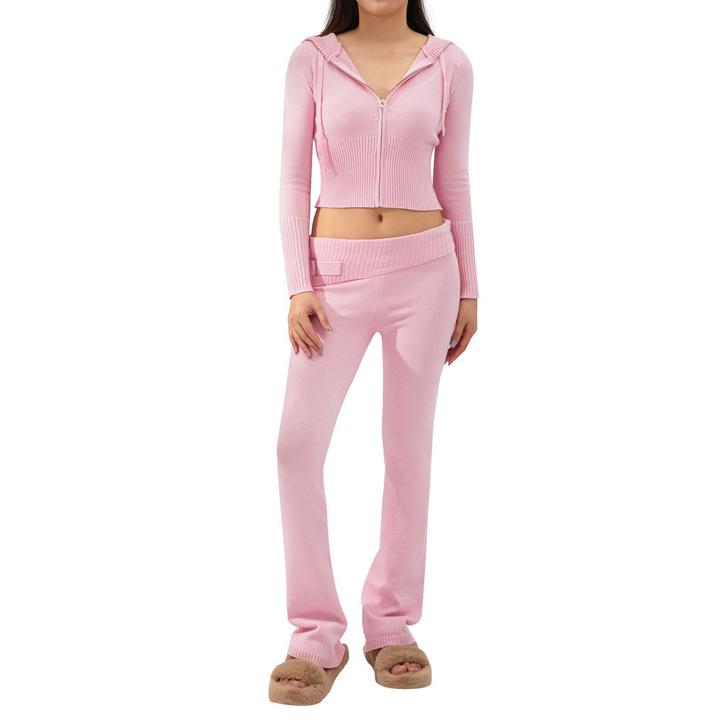 2pcs Knitted Hooded Suits Women's Long-sleeved Cardigan And High Waisted Trousers Clothing Pi-Mart