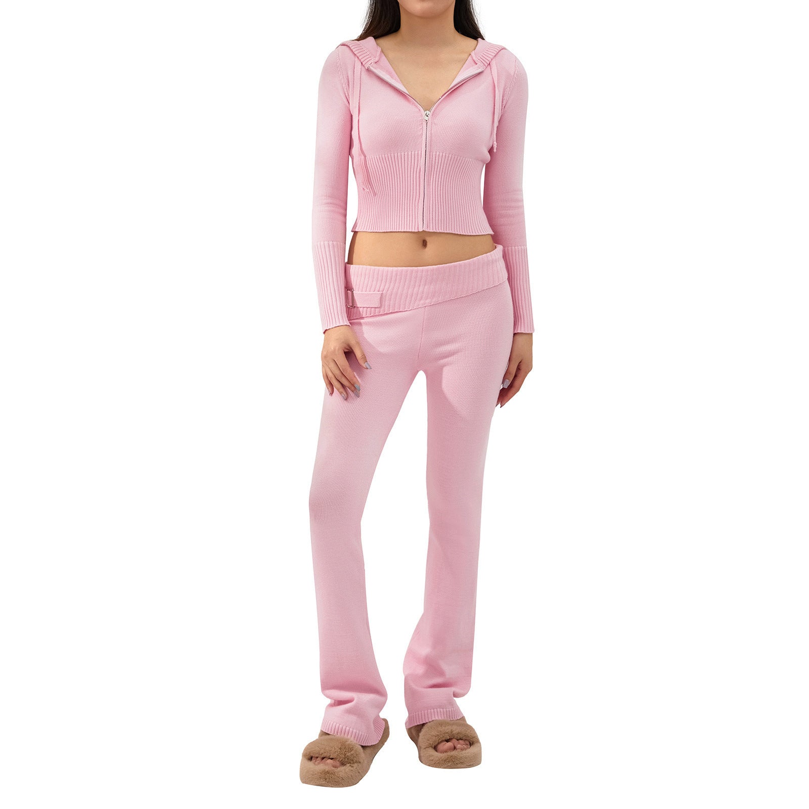 2pcs Knitted Hooded Suits Women's Long-sleeved Cardigan And High Waisted Trousers Clothing Pi-Mart