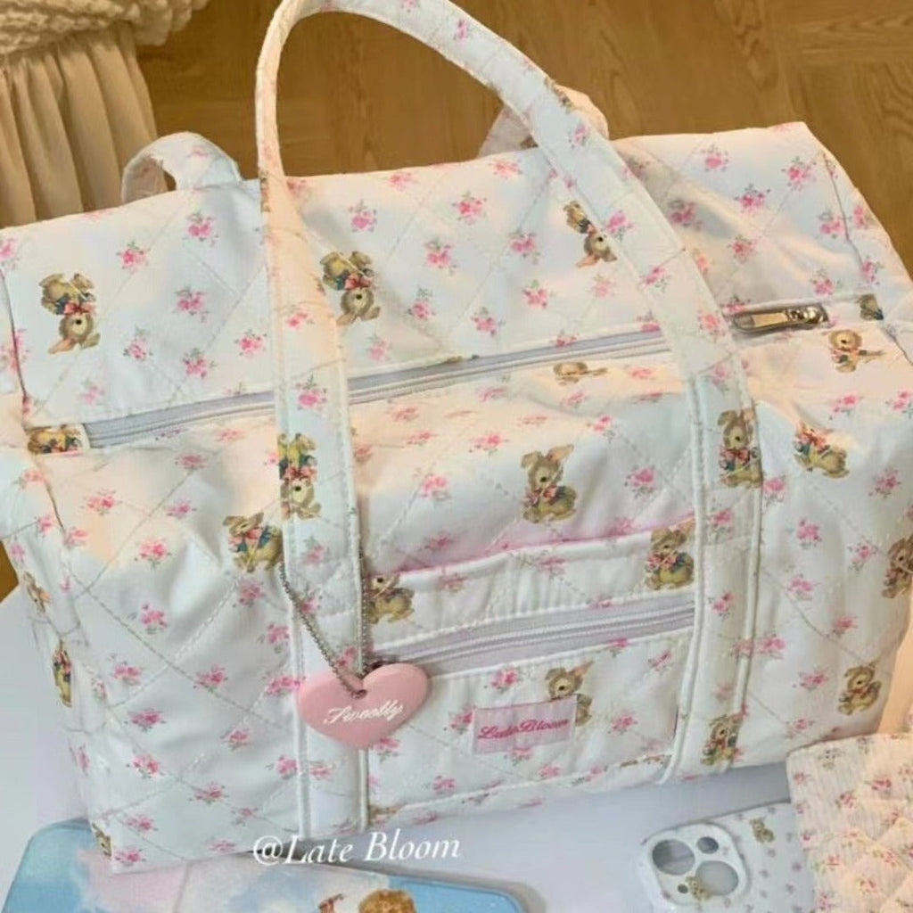 Large capacity tote bag for girls, short trip girl commuter bag, quilted puffy purse floral fabric, student class shoulder tote bag, - SJB-DIAMOND ELITES