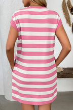 Simple Contrast Striped Round Neck Short Sleeve Mini Dress Casual & Comfortable Everyday Dress for Women Stevvex