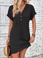 Elegant Button V-Neck Short Sleeve Dress Flattering Casual & Office Wear Simple Dress