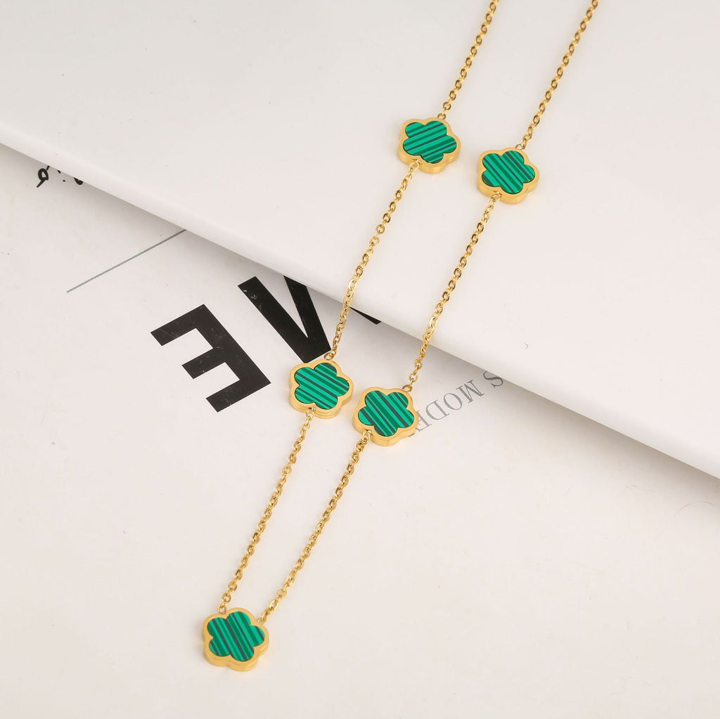 New Stainless Steel Plant Fritillary Five Leaf Petals Earring Bracelet Necklace Jewelry Set Women Cross-border Hot Selling Lot Pi-Mart