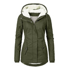 Winter Hooded Jacket Solid Color Warm Buckle Zip-up Fleece Jacket With Pockets Women's Casual Jacket Pi-Mart