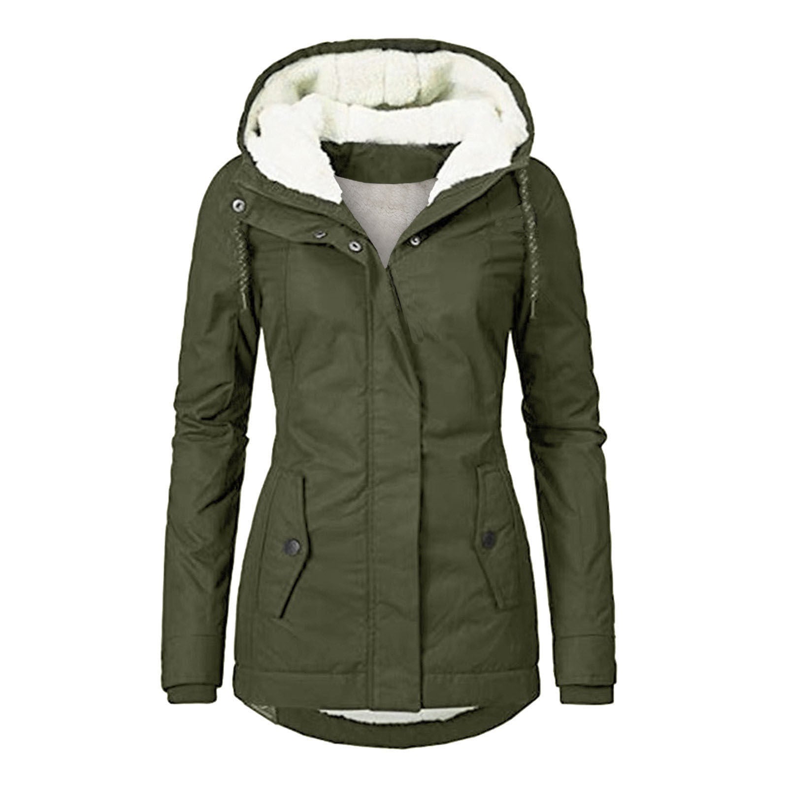 Winter Hooded Jacket Solid Color Warm Buckle Zip-up Fleece Jacket With Pockets Women's Casual Jacket Pi-Mart