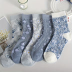 5 Comfy Cartoon Flower Pattern Knitted Socks, Breathable Soft Crew Socks For Outdoor Wearing Lootquake LLC