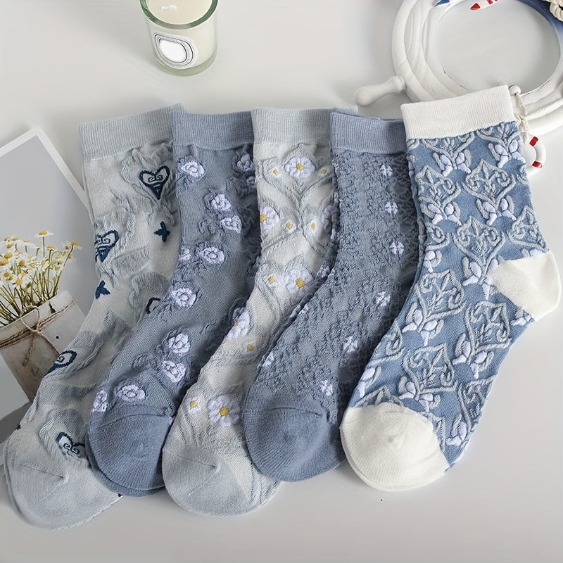5 Comfy Cartoon Flower Pattern Knitted Socks, Breathable Soft Crew Socks For Outdoor Wearing Lootquake LLC