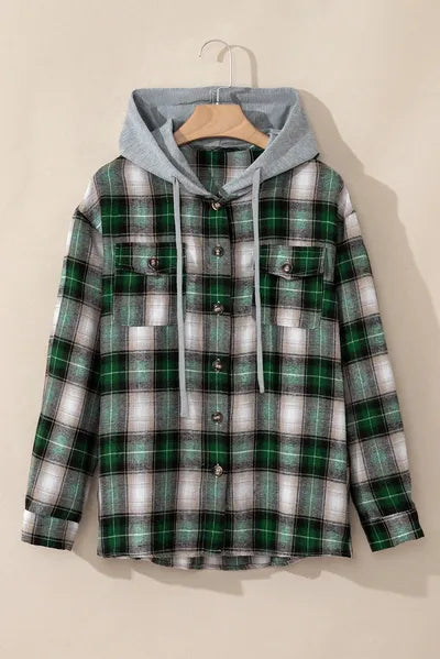 Dark Green Drawstring Pocketed Plaid Hooded Jacket Cozy & Trendy Checkered Outerwear For All Seasons Stevvex