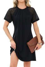 Navy Blue Contrast Lace Raglan Sleeve Pleated Mini Dress