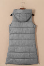Dark Grey Hooded Long Quilted Vest Coat Lootquake LLC