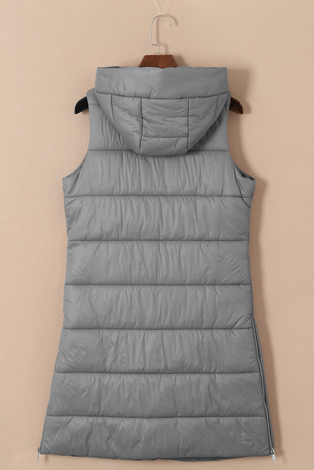 Dark Grey Hooded Long Quilted Vest Coat Lootquake LLC