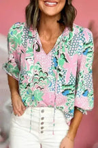 Green Floral V-Neck Blouse – Tied Detail & Loose Fit | Feminine Style - SJB-DIAMOND ELITES