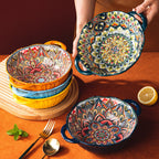 Yellow Green Wave Tree Pattern Flower Hand Painted Underglaze Binaural Ceramic Not Hot Hand Noodle Bowl Pi-Mart