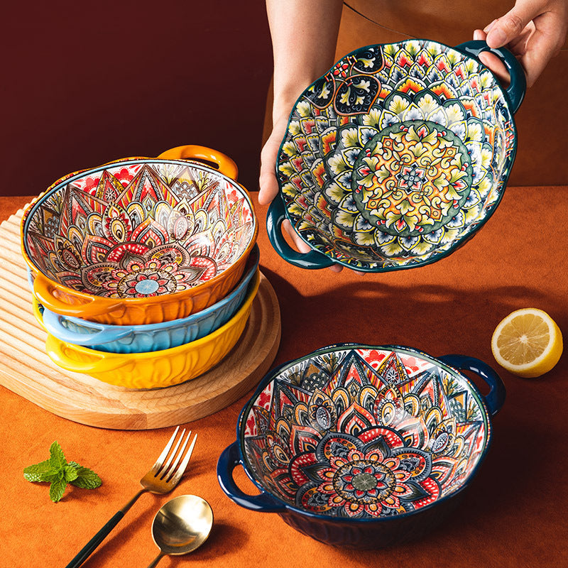 Yellow Green Wave Tree Pattern Flower Hand Painted Underglaze Binaural Ceramic Not Hot Hand Noodle Bowl Pi-Mart