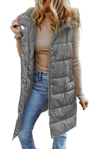 Dark Grey Hooded Long Quilted Vest Coat Lootquake LLC