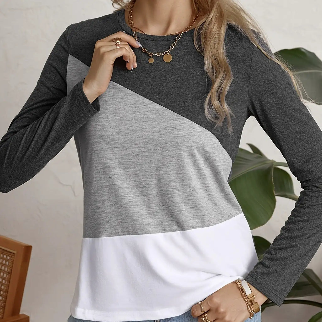 Ladies' Fashionable Casual Patchwork Color Long Sleeved T-shirt Top - SJB-DIAMOND ELITES