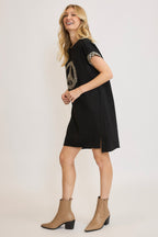 Peace Plaid Applique Short Sleeve Mini Dress For Women – Trendy Plaid Design, Unique Peace Applique, High-Low Hem for a Chic Look Stevvex
