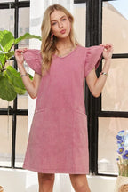 Mineral Washed V-Neck Ruffled Cap Sleeve Dress – Trendy, Comfortable, Playful, Unique Wash For Any Occasion Stevvex