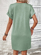 Elegant Button V-Neck Short Sleeve Dress Flattering Casual & Office Wear Simple Dress
