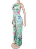 Beyprern Women Tropical Leaf Printed Lace-Back Crop Top And Wide Legs Pant Set Summer Ruched Floral Tracksuits Set Beach Outfits Purplish Diva