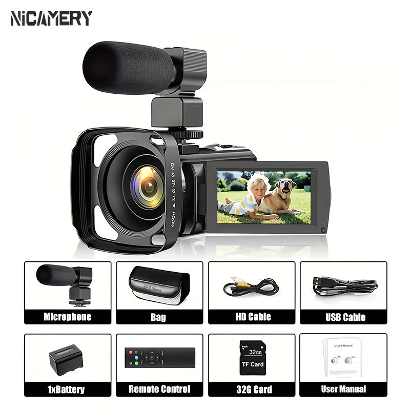 Nicamery 16x Efficient Zoom - 1080P HD Camera with Beauty Anti-Shake, External Microphone Support - Full HD 2400 Pixel Webcam Digital Camera with Remote Control, Lens Hood, 1000mah Batteries 2pcs, Ultra Long Life, 32G TF Card Lootquake LLC