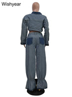 Streetwear Blue Patchwork Denim Two 2 Piece Pants Set Women Sales Long Sleeve Crop Tops and Flare Jeans Loose Matching Outfits Purplish Diva