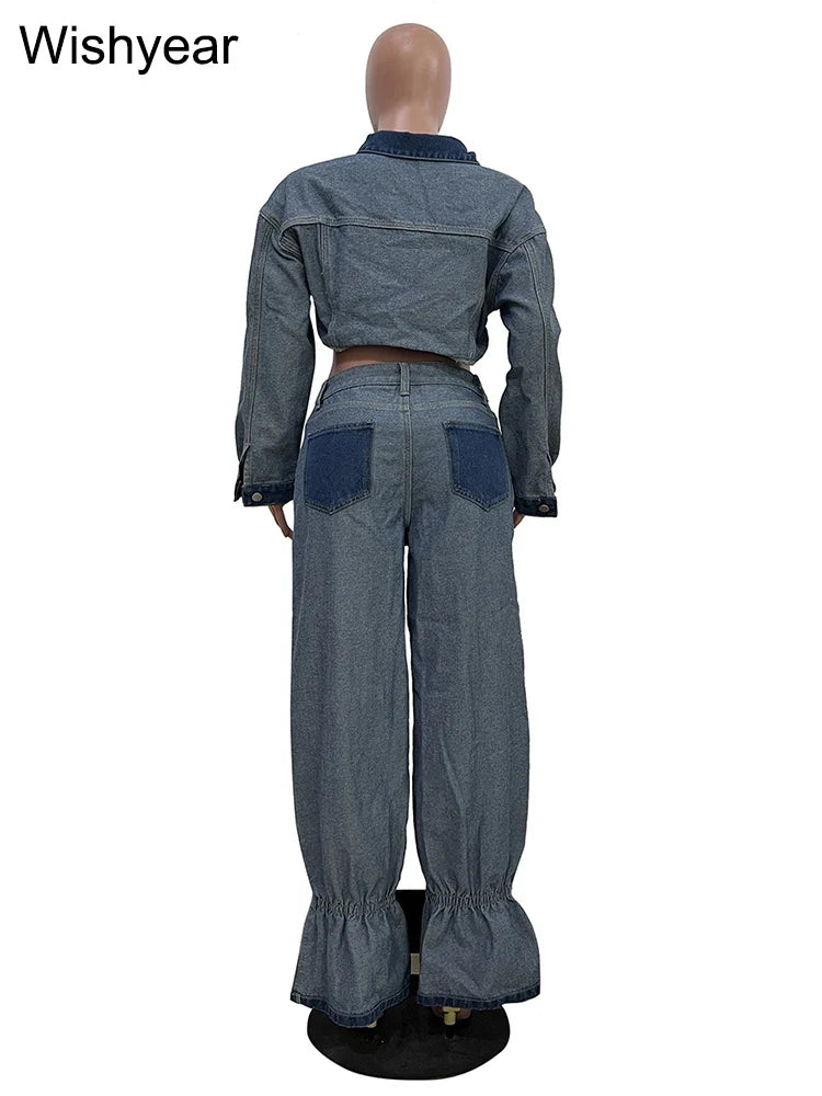 Streetwear Blue Patchwork Denim Two 2 Piece Pants Set Women Sales Long Sleeve Crop Tops and Flare Jeans Loose Matching Outfits Purplish Diva