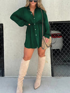 Women's Long Sleeve Jumpsuit With Button Fashion Shirt Dress Pi-Mart