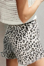 White Leopard Frayed Hem Denim Shorts