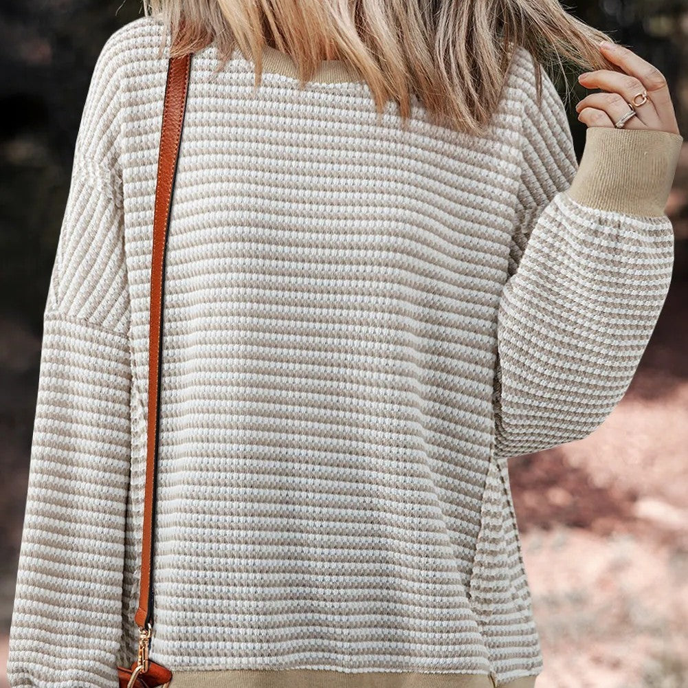 Brown Stripe Ribbed Trim Drop Shoulder Long Sleeve Oversize Top Pi-Mart