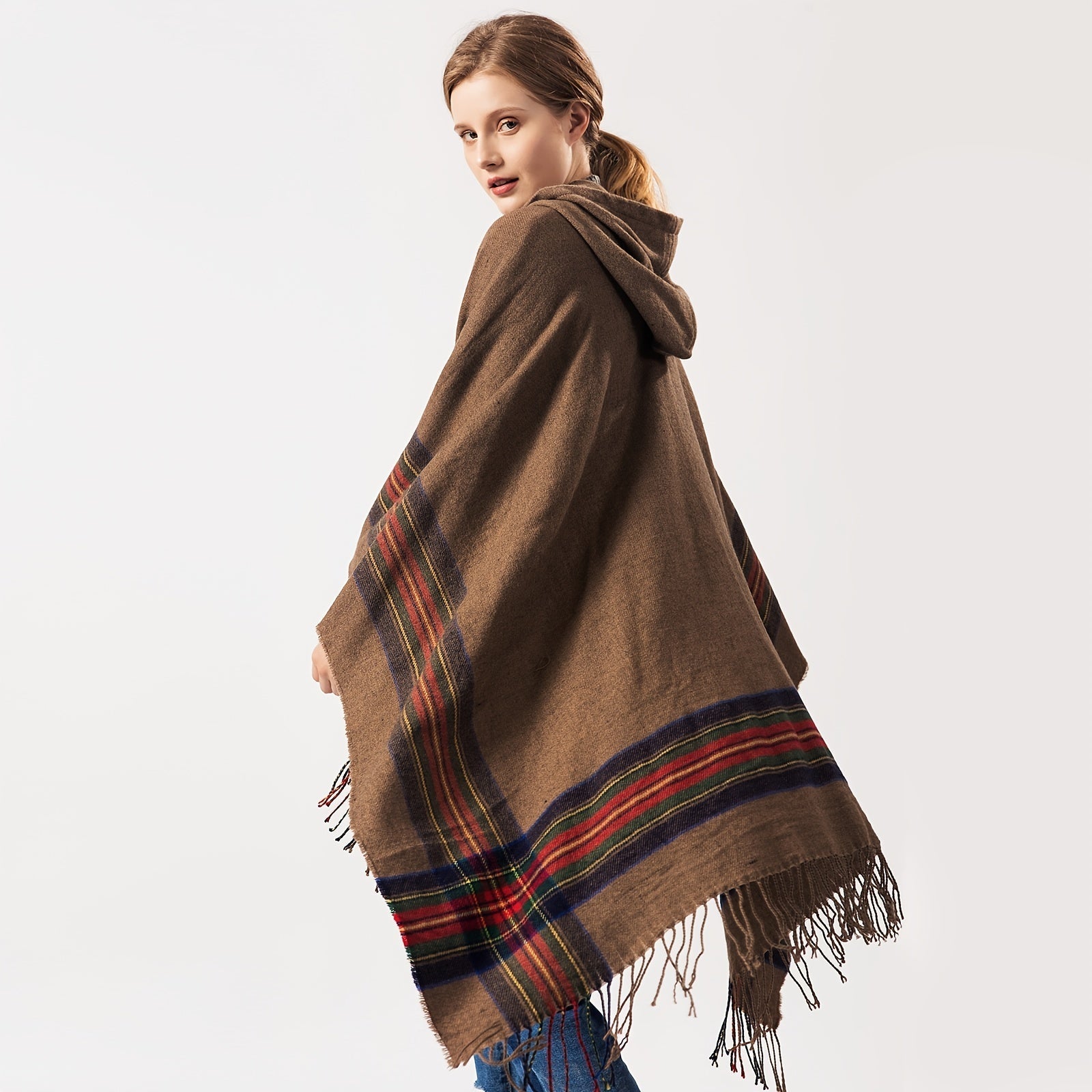 Oversized Scottish Hooded Cardigan - Fashionable Striped Shawl with Luxurious Tassels - Cozy, Windproof & Coldproof for Autumn Winter Outdoors - A Plush Blanket Shawl Cloak Lootquake LLC