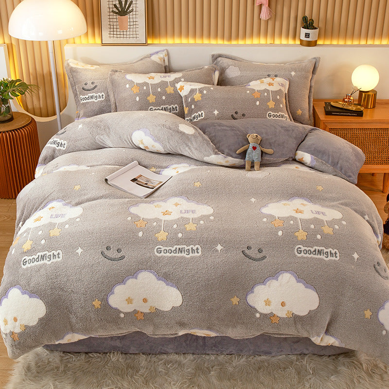 Coral Fleece Duvet Cover Sheet Flannel Pillowcase Pi-Mart