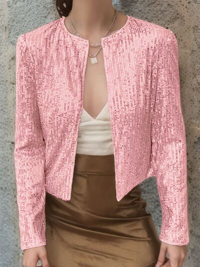 Elegant Women Full-Size Sequin Open Front Cropped Jacket With Glamorous Sparkle Luxury Women Party Jacket Stevvex