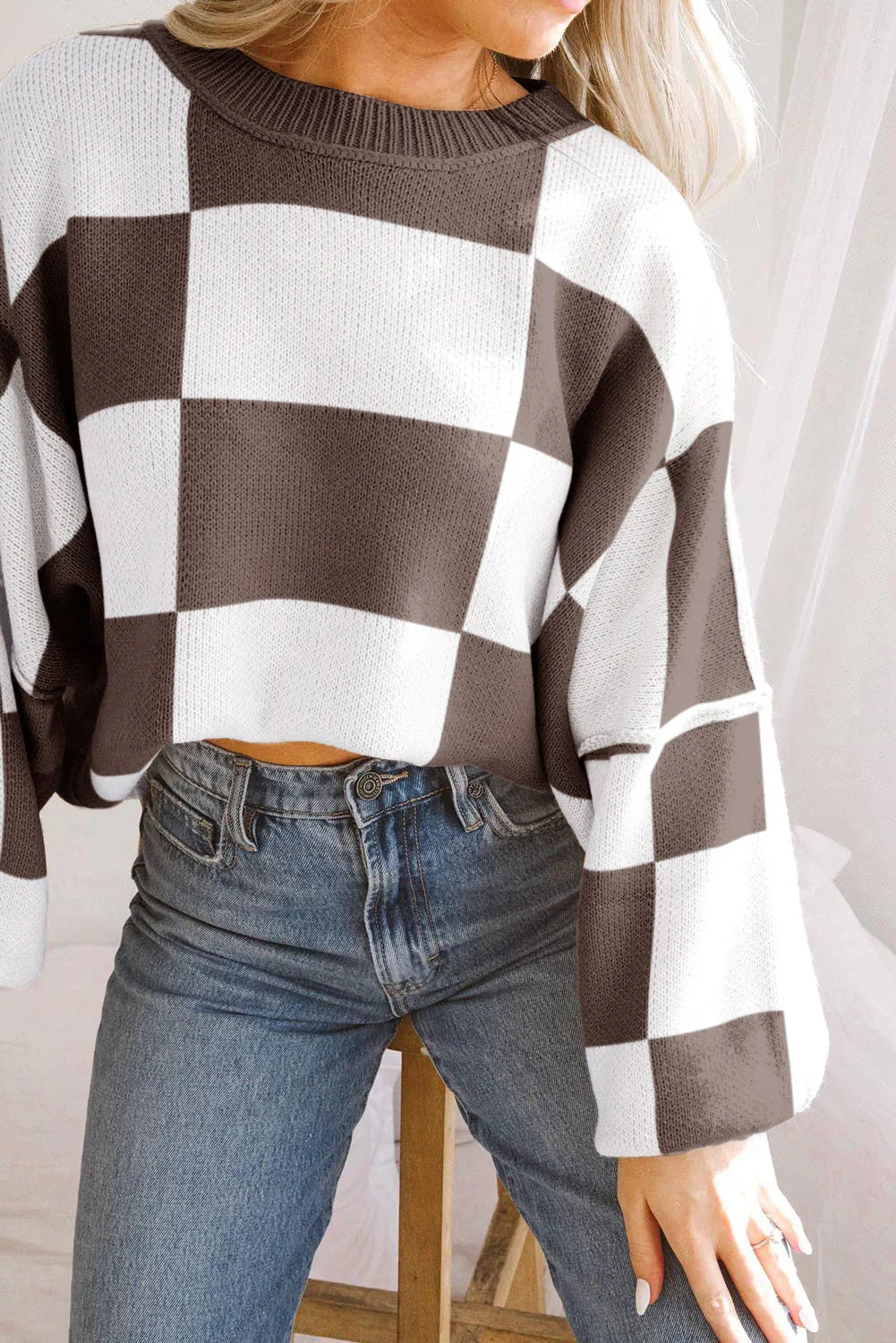 Dark Brown Plaid Bishop Sleeve Pullover Sweater