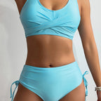 Bikini Twist Front V Neck High Waist 2 Piece Bikini Set for Women – Stretchy Tie Back Swimsuit with Drawstring Lace Up and Comfortable Fit – Trendy Solid Color Swimwear for Beach Days Pool Parties and Summer Vacations