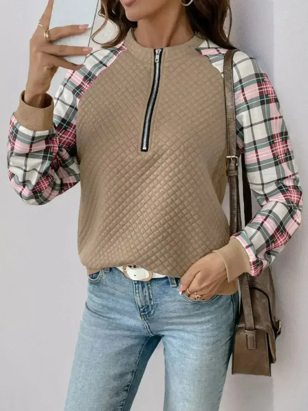 Perfee Plaid Half Zip Long Sleeve Texture Sweatshirt - SJB-DIAMOND ELITES