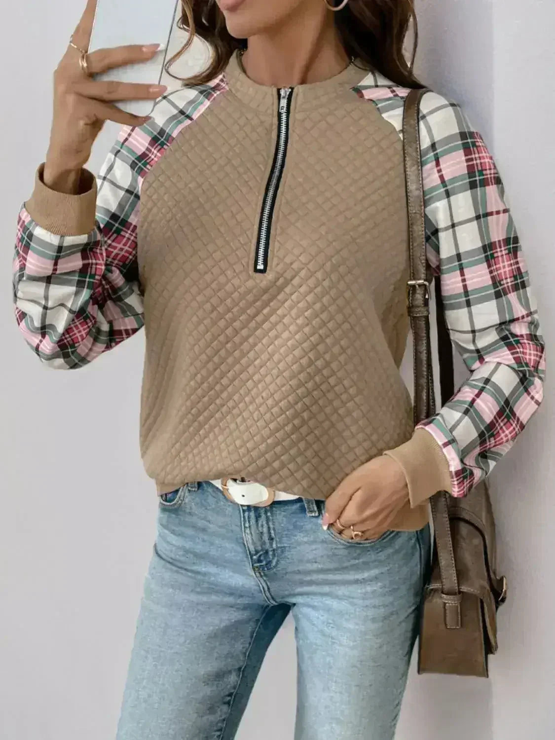 Perfee Plaid Half Zip Long Sleeve Texture Sweatshirt - SJB-DIAMOND ELITES