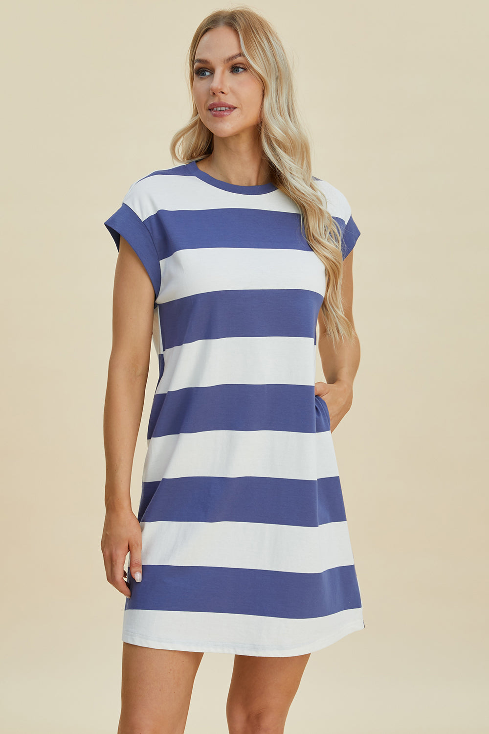 Full Size Striped Round Neck Cap Sleeve Mini Dress For Women – Striped Mini Dress, Full-Size Round Neck Dress, Comfortable Cap Sleeve Dress, Chic Striped Dress, Flattering Mini Dress, Casual Everyday Dress, Versatile Striped Dress Stevvex