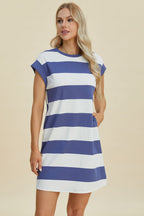 Full Size Striped Round Neck Cap Sleeve Mini Dress For Women – Striped Mini Dress, Full-Size Round Neck Dress, Comfortable Cap Sleeve Dress, Chic Striped Dress, Flattering Mini Dress, Casual Everyday Dress, Versatile Striped Dress Stevvex