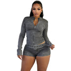 Sexy Denim Womens 2 Two Piece Set Stretchy Long Sleeve Zip Up Slim Jackets and Shorts Suits Y2k Streetwear Belt Jean Outfit Sets Purplish Diva