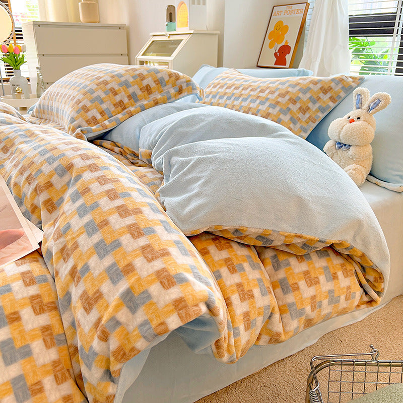 Nordic Striped Coral Fleece Duvet Cover Flannel Sheet Cover Three-piece Set Pi-Mart