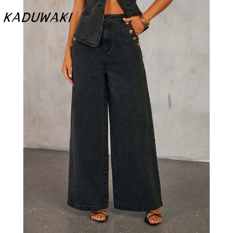 KADUWAKI Slim Denim Waistcoat Jeans 2pc Women Elegant Single Breasted O Neck Vest Wide Leg Pants Spring Lady High Street Outfits Purplish Diva