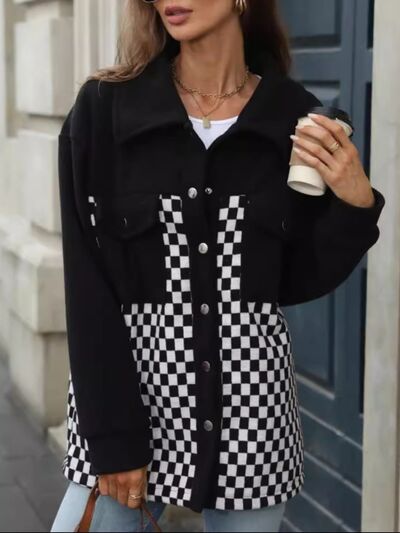 Black Checkered Snap Down Long Sleeve Jacket Stylish & Functional Buttoned Outerwear Stevvex