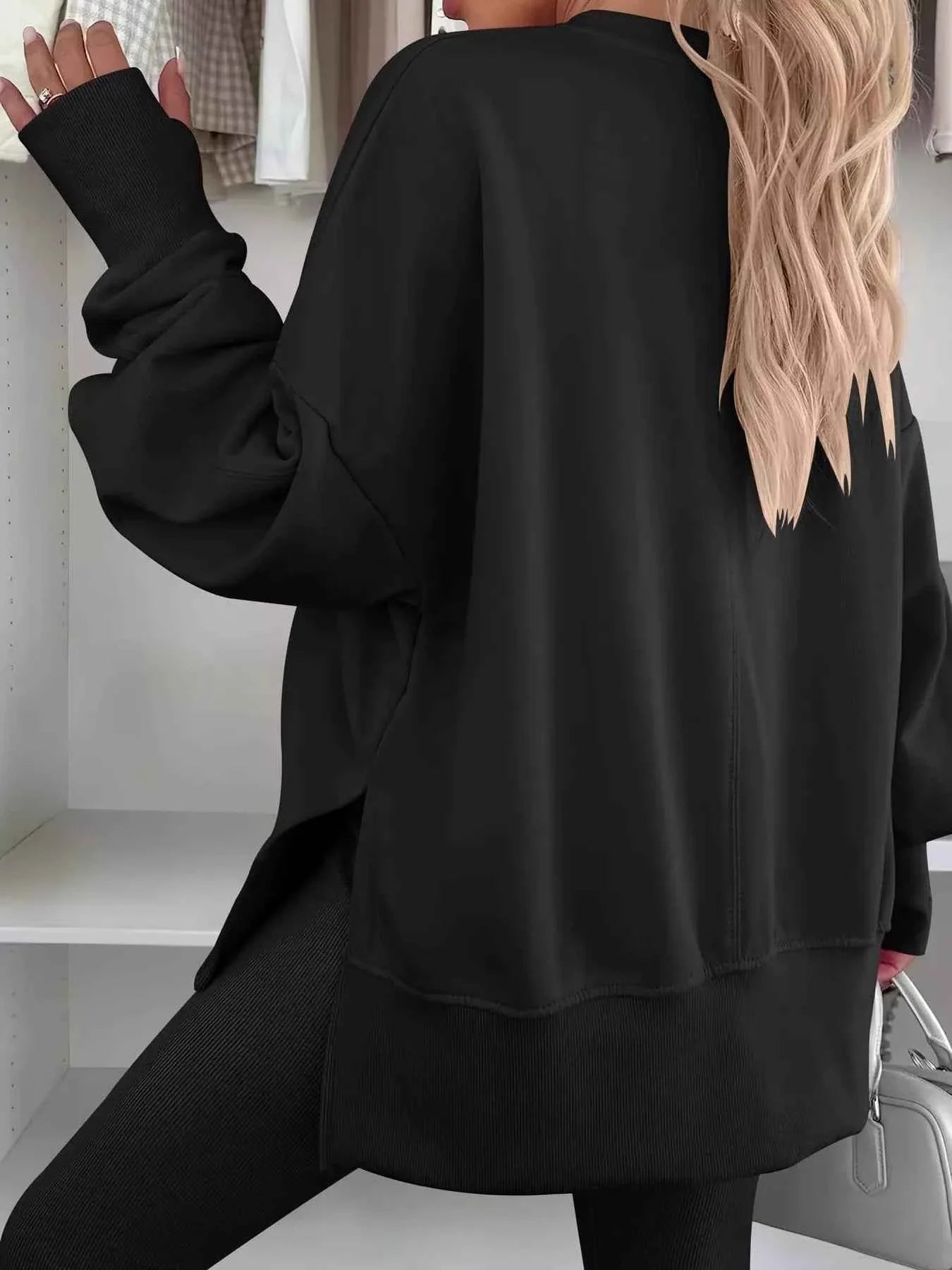 Side Slit Round Neck Long Sleeve Sweatshirt THRIXINE