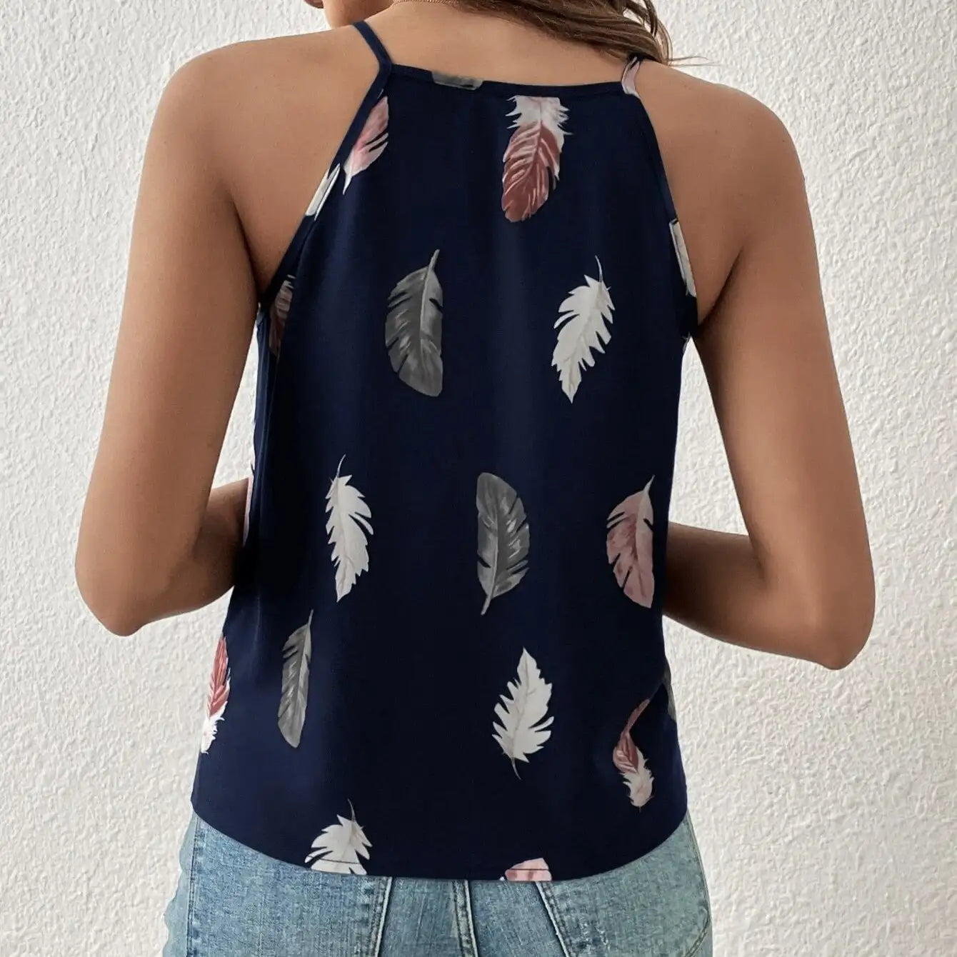 Women's Feather Print Notch V-neck Versatile Camisole Vest - SJB-DIAMOND ELITES
