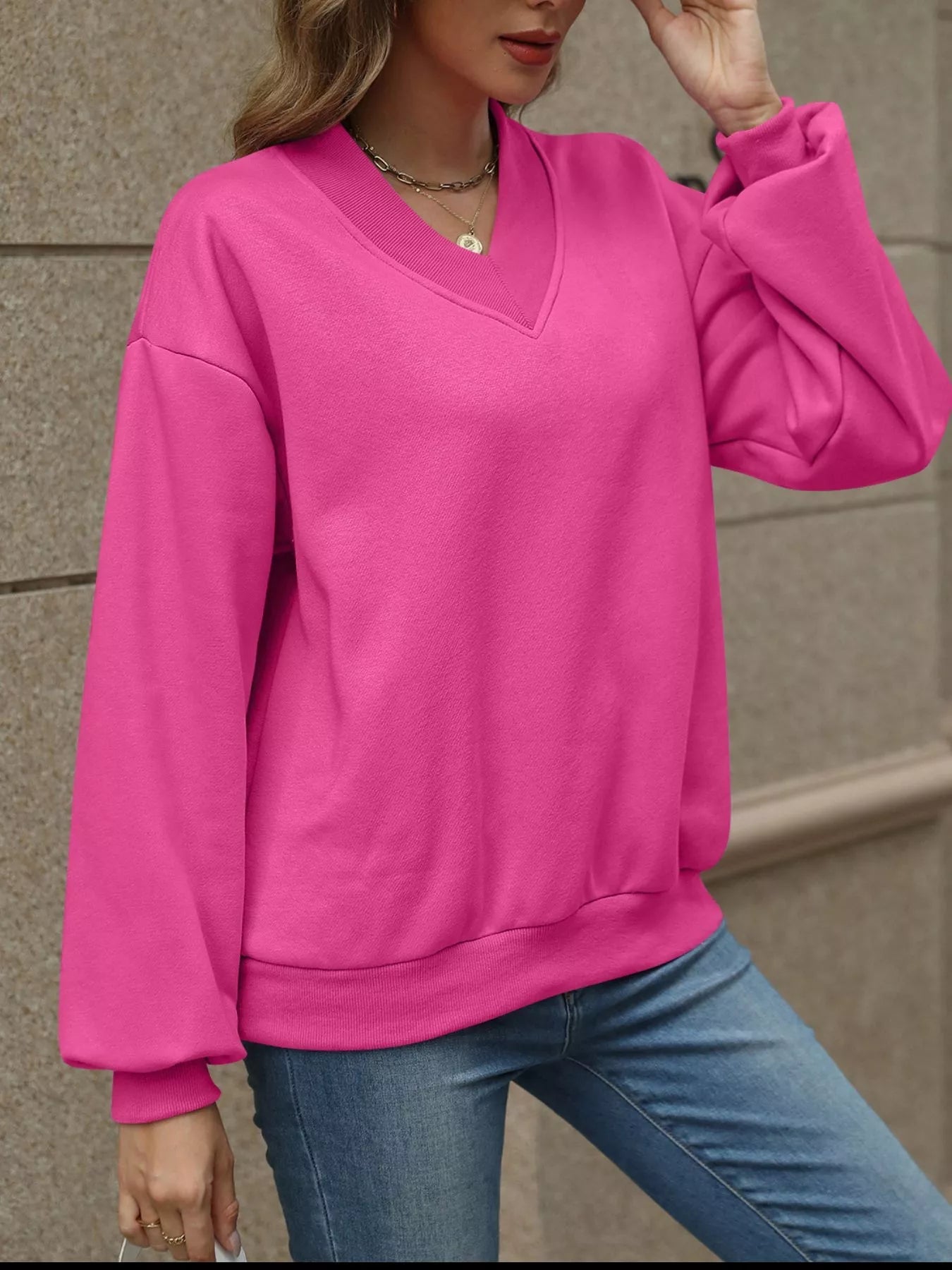 V-Neck Solid Color Casual Sweatshirt THRIXINE