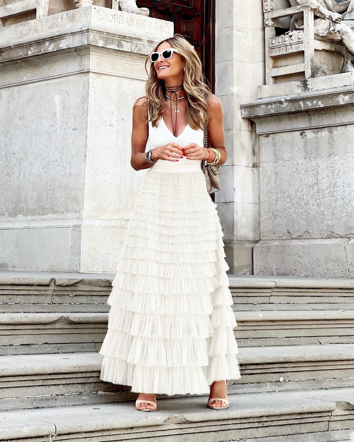 Layered Ruffles Cake Skirt Summer Fashion A Line Swing Mesh Long Skirt Party Dress Women Pi-Mart