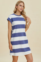 Full Size Striped Round Neck Cap Sleeve Mini Dress For Women – Striped Mini Dress, Full-Size Round Neck Dress, Comfortable Cap Sleeve Dress, Chic Striped Dress, Flattering Mini Dress, Casual Everyday Dress, Versatile Striped Dress Stevvex
